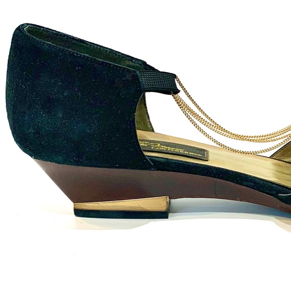 Sesto Meucci Vintage Black Suede Ballet Flats Gold Chain Gold Metal Heel D’orsay - Picture 5 of 15